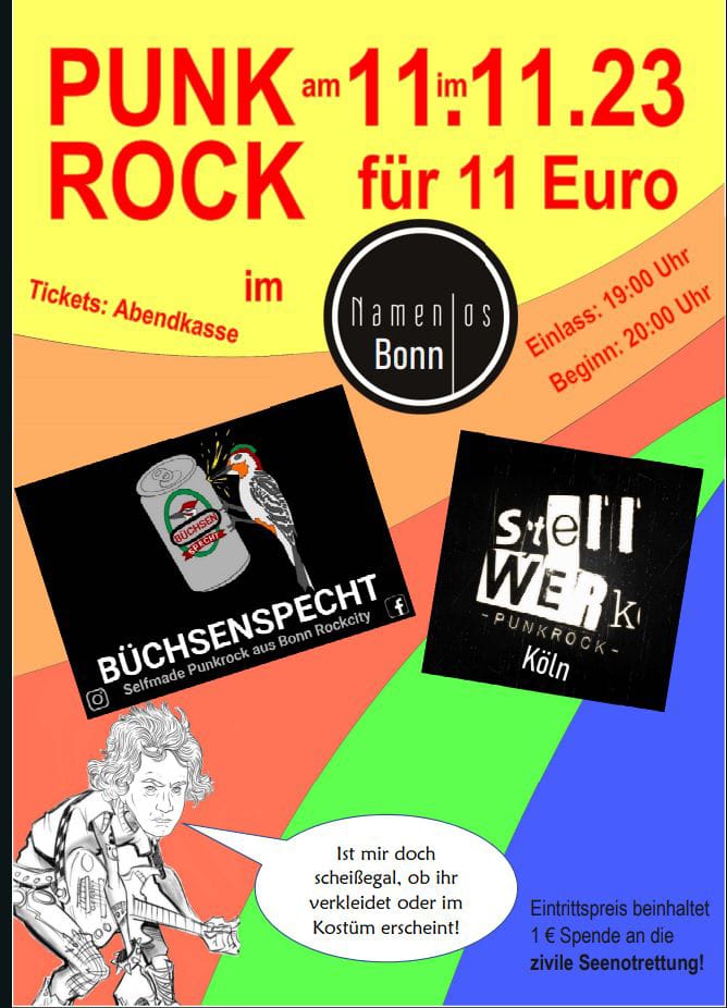 Punkrock statt Karneval am 11.11.23 im Namenlos in Bonn. Mit Büchsenspecht und Stellwerk.